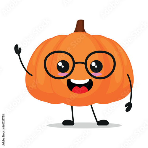 Cute happy pumpkin character wear eyeglasses. Smiling and greet fruit cartoon emoticon in flat style. closet vector illustration