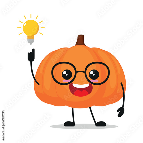 Cute smart pumpkin character. Funny fruit got inspiration idea cartoon emoticon in flat style. closet vector illustration