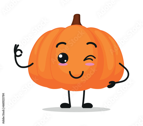 Cute happy pumpkin character. Funny smiling and wink fruit cartoon emoticon in flat style. closet vector illustration