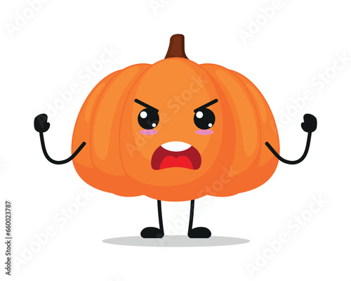 Cute furious pumpkin character. Temperament fruit cartoon emoticon in flat style. closet vector illustration