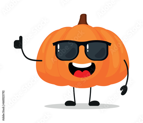 Cute happy pumpkin character wear sunglasses. Funny fruit greet friend cartoon emoticon in flat style. closet vector illustration