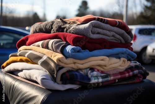 a pile of donated blankets for a winter drive
