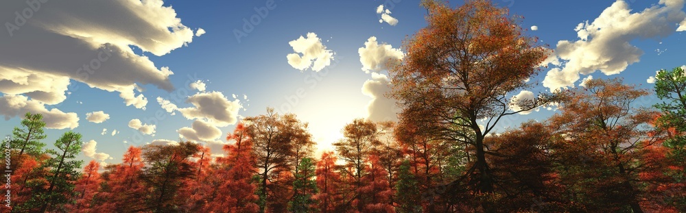 Autumn forest, autumn park in the rays of the rising sun, sunset in the autumn trees, 3D rendering