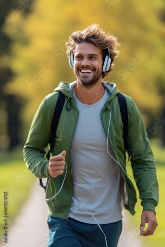 Vertical photo of a young Scandinavian man with backpack during a walk in the summer park to his favorite music in headphones. Alone with yourself away from the noise of the big city.