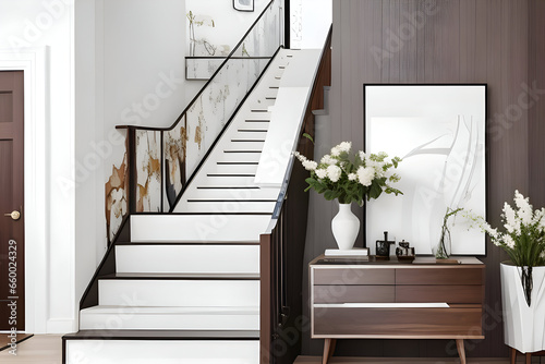white and brown modern styled entryway with flower ways photo