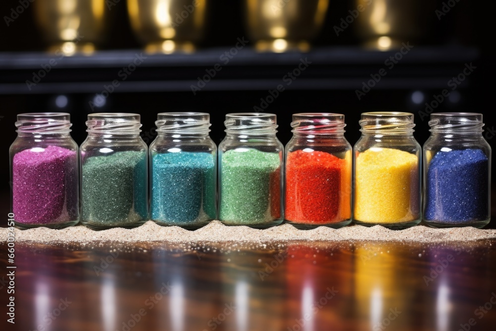 a row of jars containing different colored sands a row of jars containing different colored sands