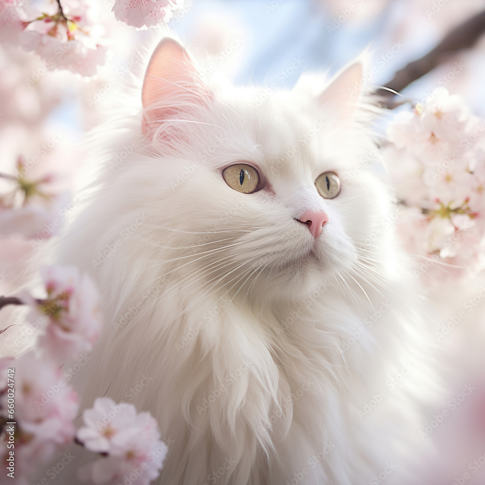 Cherry Blossom Gaze: A White Cat's Springtime Reverie