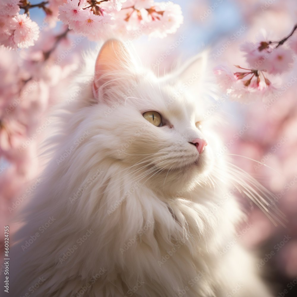 Cherry Blossom Gaze: A White Cat's Springtime Reverie
