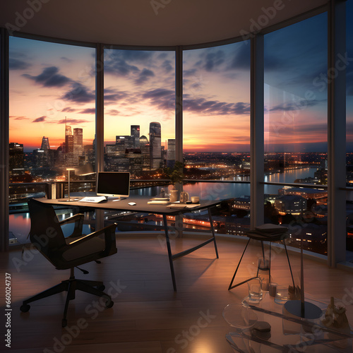 office with floor windows view to city in sunset time. office table and computer. premium office