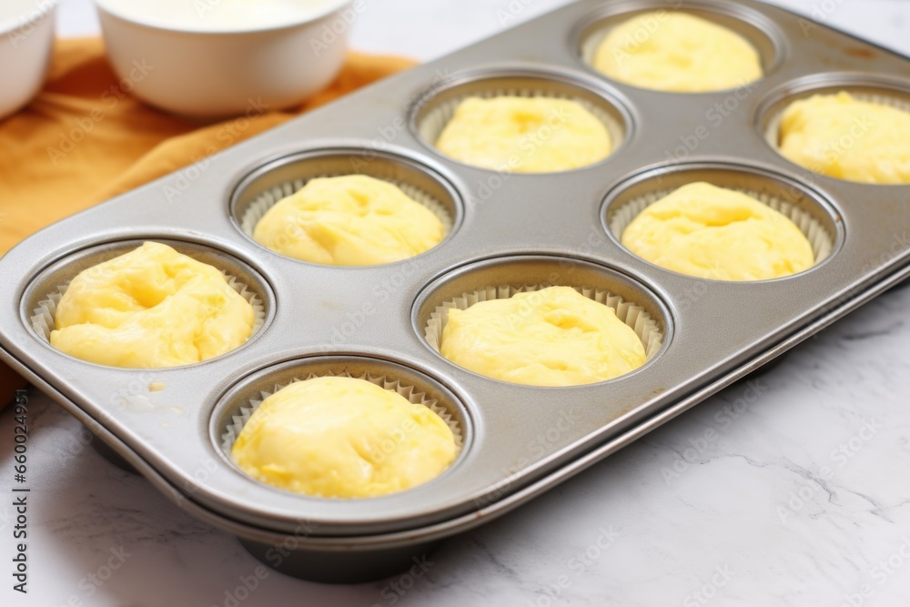 a muffin tin filled with unbaked batter a muffin tin filled with unbaked batter