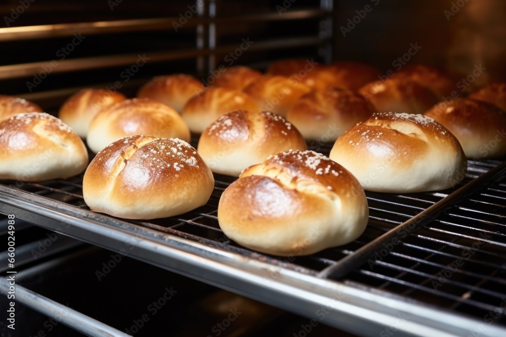 fresh buns coming out of a stainless steel oven fresh buns coming out of a stainless steel oven