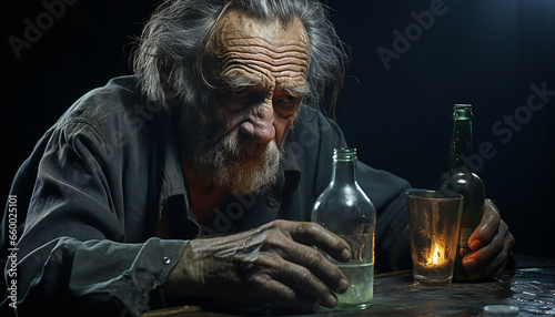 Recreation of a tormented drunk man drinking at a bar counter