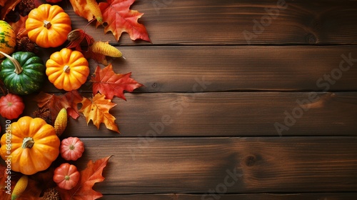 Thanksgiving or autumn scene with pumpkins, autumn leaves and berries on wooden table. Autumn background with copy space. Banner