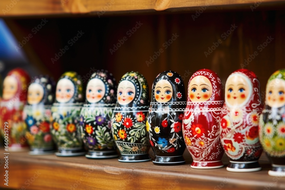 matryoshka dolls lined up on a wooden shelf