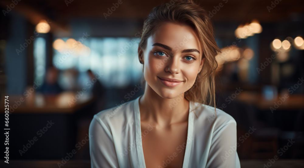 Portrait of a pretty young business woman. indoor photo. in cafe,business person