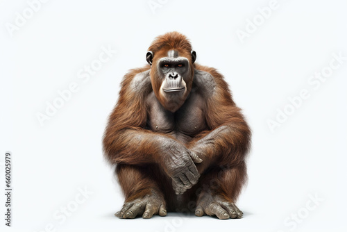 Gentle Gaze: A Serene Orangutan Portrait,Chimpanzee on white background © Moon