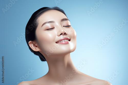  Woman with beauty face touching healthy facial skin portrait