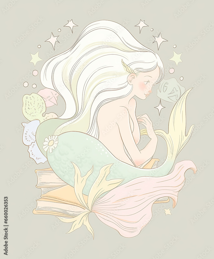 Mermaid Children's Illustration in Pink and Mild Colors,Whimsical Whispers: A Mermaid's Tale in Pastel,illustration of an background Mermaid Children's Illustration in Pink and Mild Colors,Whimsical Whispers: A Mermaid's Tale in Pastel,illustration of an background