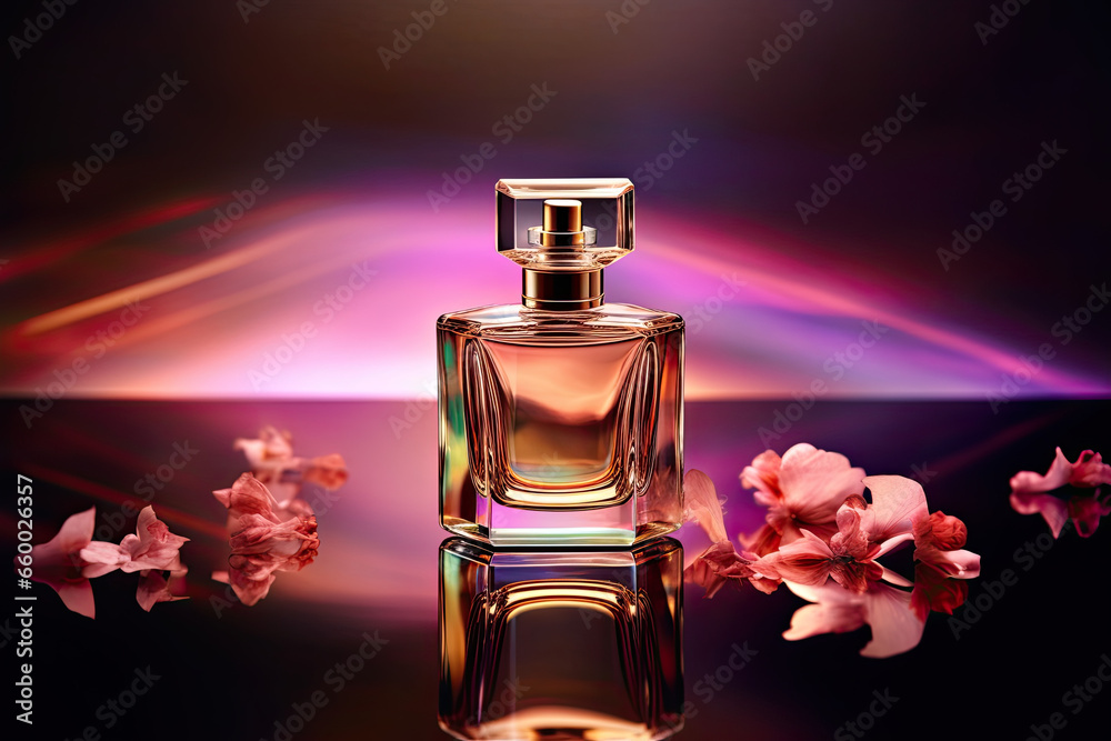 Close up of a perfume bottle, classic beauty, neon colours, fashion Close up of a perfume bottle, classic beauty, neon colours, fashion