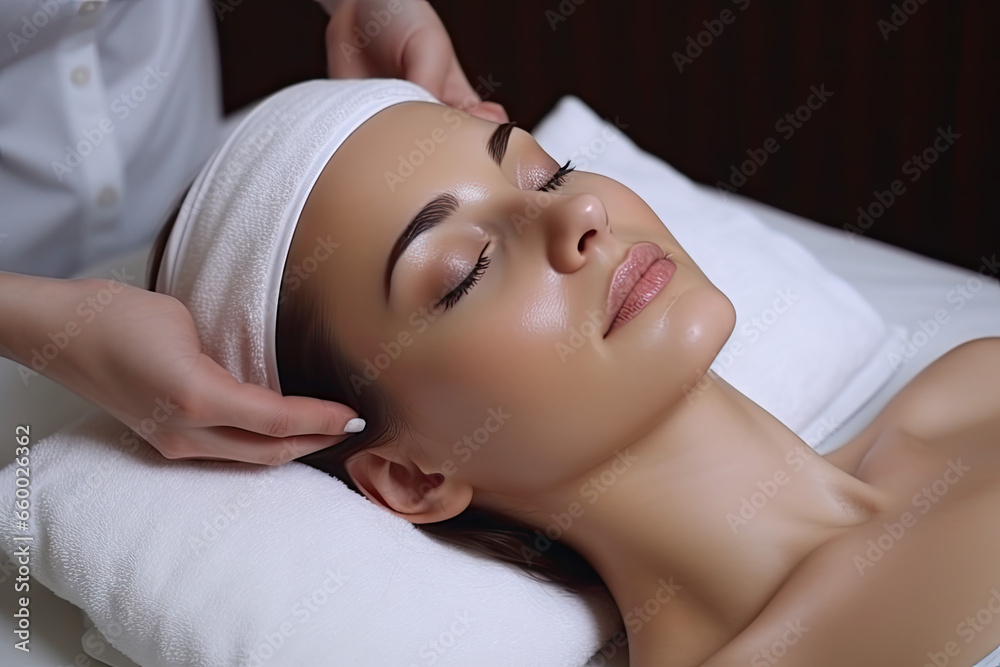 Attractive asia woman getting face beauty procedures in spa salon