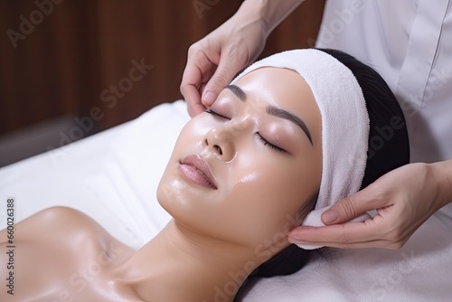 Attractive asia woman getting face beauty procedures in spa salon