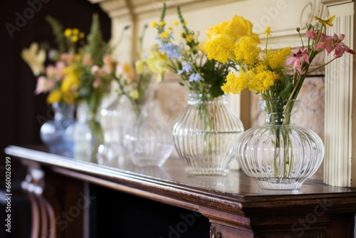 elegant glass vases on a mantelpiece with wildflowers
