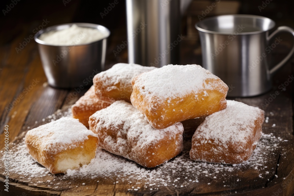 sugar dusted beignets on a rustic wooden counter