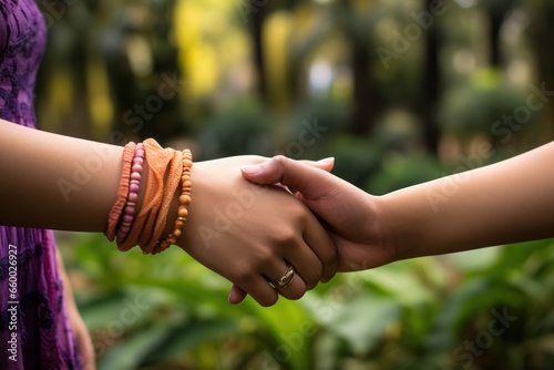 close up of women holding hands in park