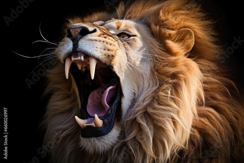 close-up of lion roaring against black background