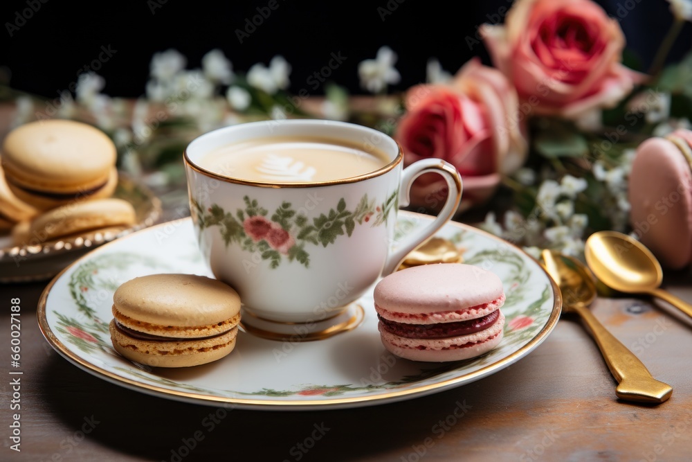 cup of coffee and plate of macaroons on a table cup of coffee and plate of macaroons on a table
