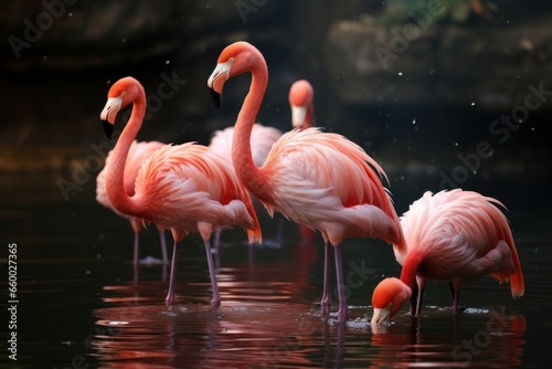 flamingoes standing in a lake,