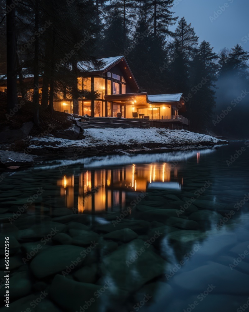 home glows across lake