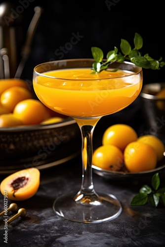 glass of loquat fruit juice with loquat and thyme garnish