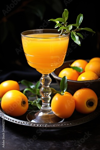 glass of loquat fruit juice with loquat and thyme garnish
