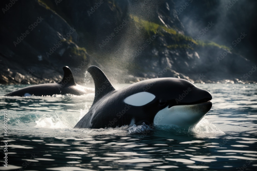 Fototapeta premium killer whales swimming in sea