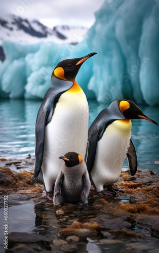 king penguins (aptenodytes patagonicus) near an iceberg, south island