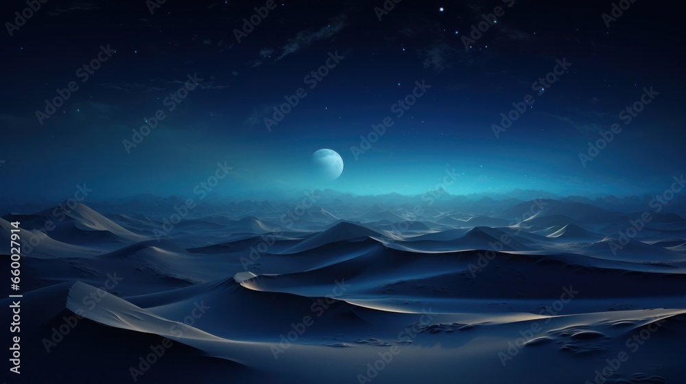 night landscape, with desert sand dunes. beautiful contemporary background with blue gradient starry sky