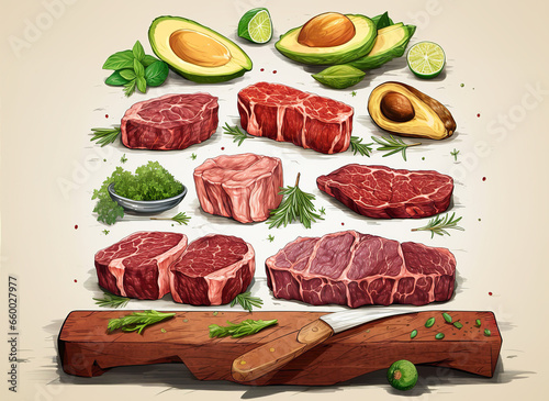 Beef made from different types of cattle. Arrangement of delicious steak slices and the ingredients are prepared. Steak basic concept. AI generated.