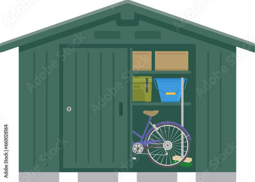 ドアを開けた、屋根付きの家庭用倉庫のイラスト