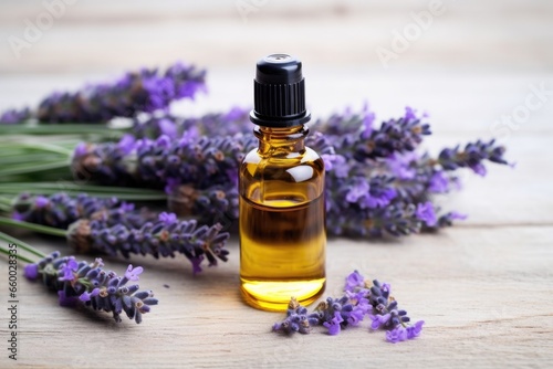 a lavender plant with essential oil in a dropper bottle