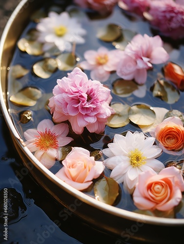 pretty flowers floating in water in copper bucket