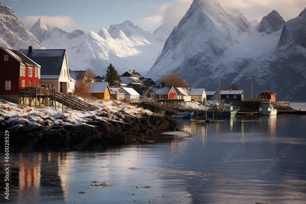 scenic view of fishing village with mountains in background in winter