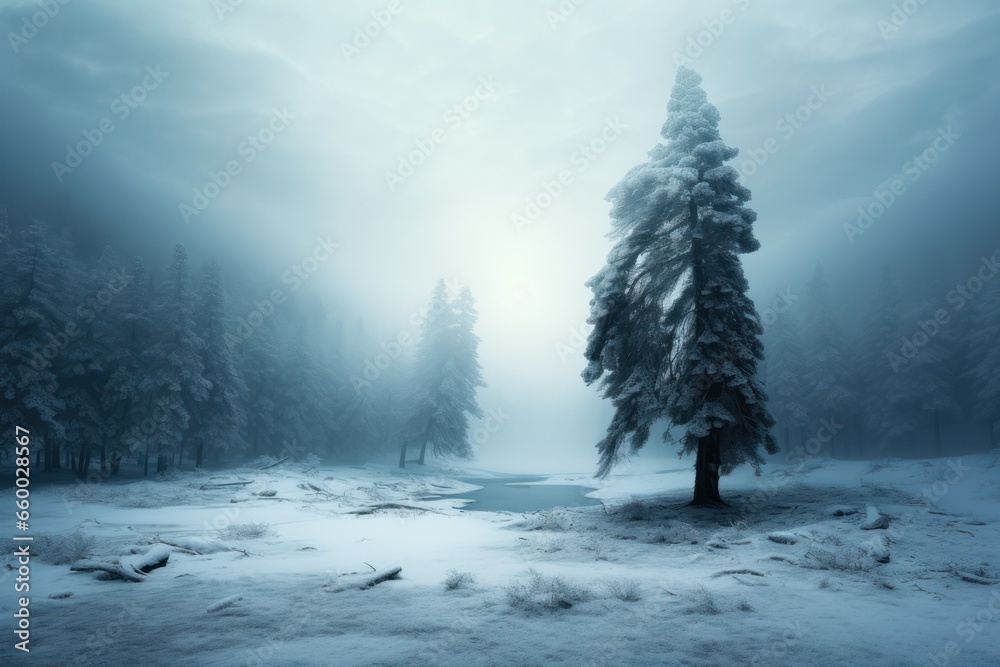 scenic view of snow covered landscape in fog