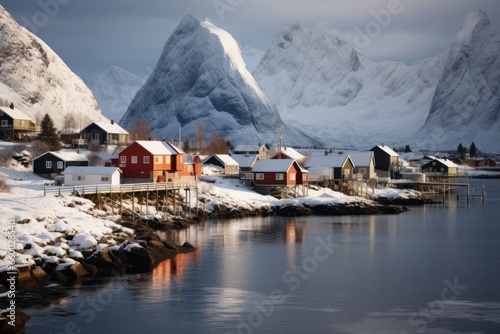 scenic view of fishing village with mountains in background in winter