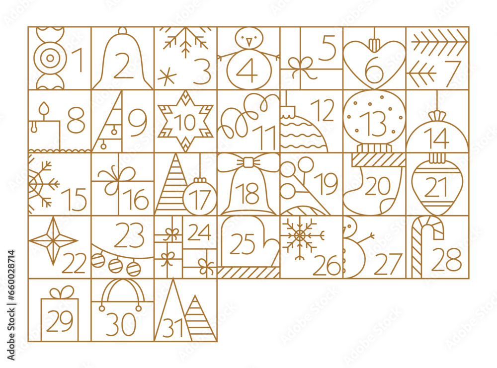 Christmas December Advent Calendar elements with cute line illustrations. Outline grid with snowman, toy, bell icon
