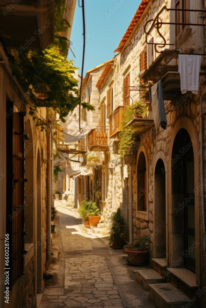 Fototapeta premium small street lined with old brown buildings in dubrovnik