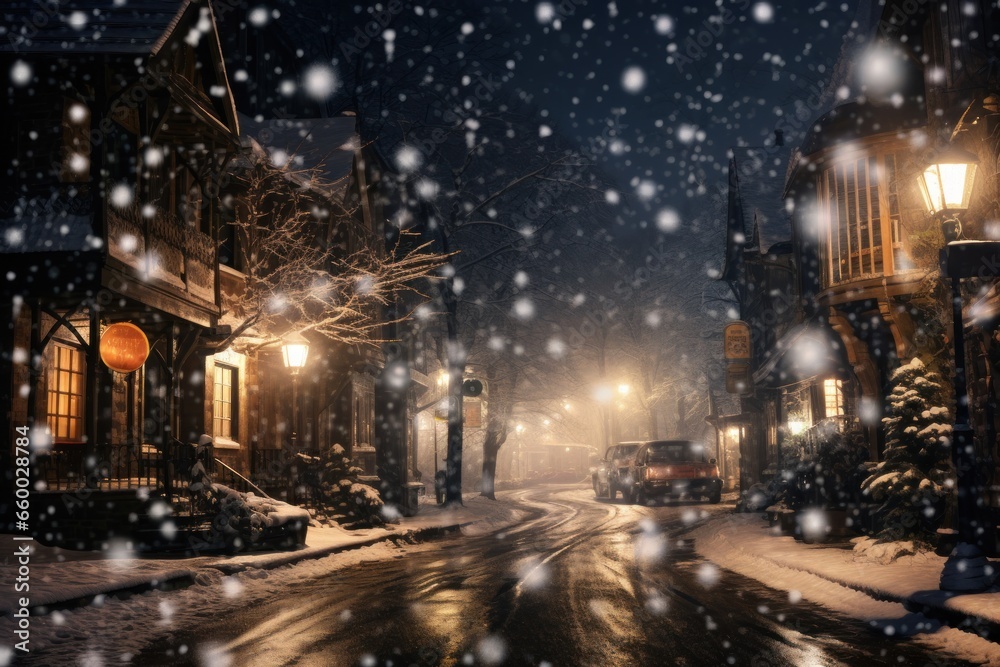 snow falling at night