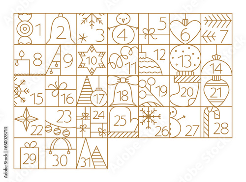 Christmas December Advent Calendar elements with cute line illustrations. Outline grid with snowman, toy, bell icon