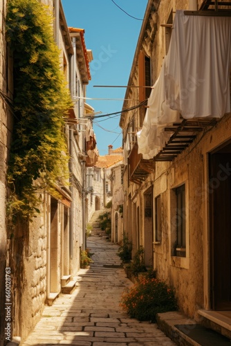 small street lined with old brown buildings in dubrovnik © Quintes