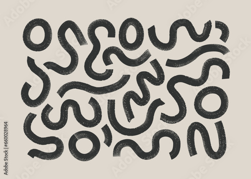 Simple bold curly lines, red waves, squiggles set. Black vector illustration with textored strokes banner, wall art, card template